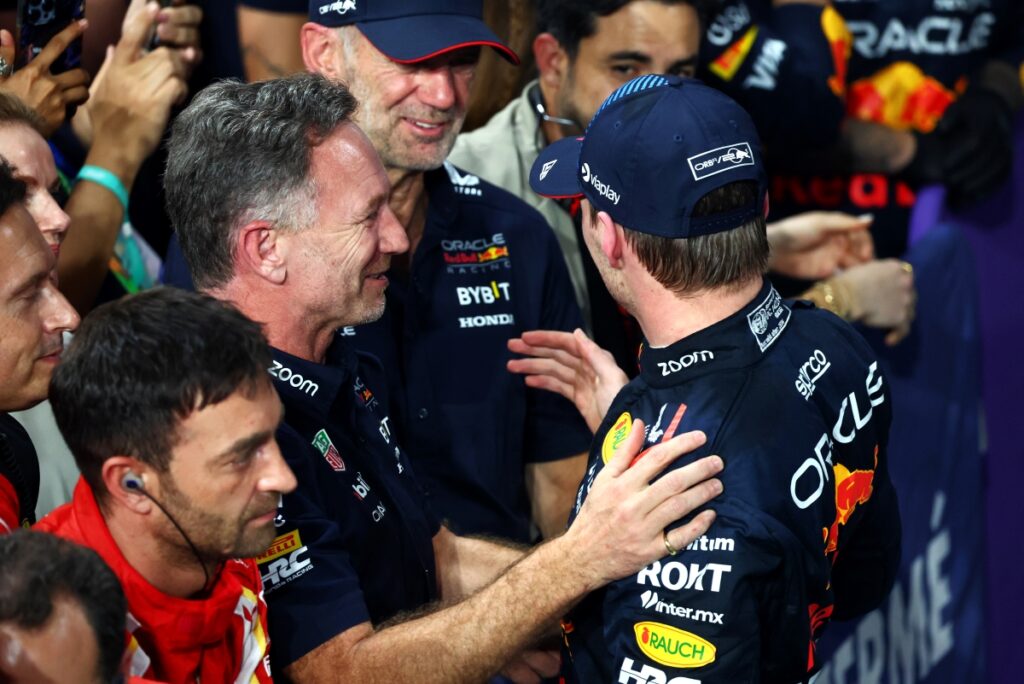 Victory celebration with Max Verstappen and Christian Horner