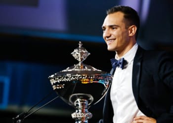 Palou on stage with the Astor Cup. Photo: IndyCar - Joe Skibinski