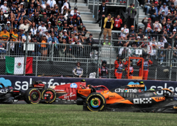 Lando Norris had to escape to the run off after Max Verstappen's move on Lap 10 in Mexico
