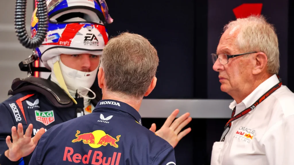 Max Verstappen, Christian Horner and Dr Helmut Marko