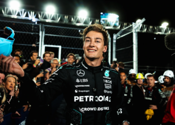 George Russell decided against jumping in the Bellagio fountain in Las Vegas