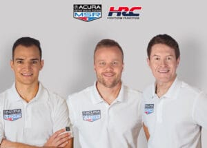 Alex Palou, Felix Rosenqvist and Scott Dixon (left to right) will serve as Meyer Shank Racing's IMSA endurance drivers in 2025