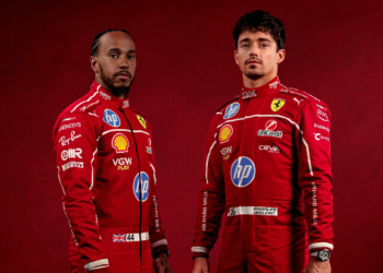 Lewis Hamilton and Charles Leclerc pose in new Ferrari 2025 F1 race suits