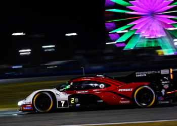 Nick Tandy leading Daytona for Porsche after nine hours