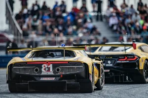 The factory-backed Corvette Z06 GT3.Rs (right) harked back to the C6.R with its gloss black rear-end in the IMSA Roar Before the 24 testing