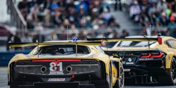 The factory-backed Corvette Z06 GT3.Rs (right) harked back to the C6.R with its gloss black rear-end in the IMSA Roar Before the 24 testing