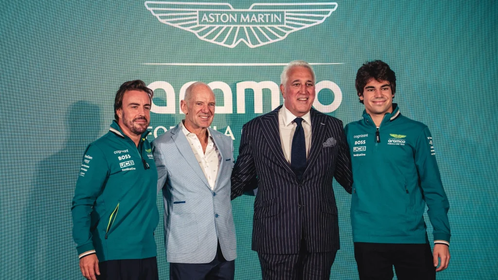From left to right: Fernando Alonso, Adrian Newey, Lawrence Stroll, Lance Stroll