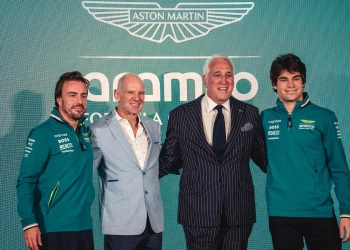 From left to right: Fernando Alonso, Adrian Newey, Lawrence Stroll, Lance Stroll