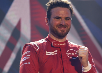 Race winner Oliver Rowland of Great Britain driving the (23) Nissan Formula E Team Nissan e-4ORCE 05 on the podium during the Jeddah E-Prix, Round 4 of the 2025 FIA Formula E World Championship at Jeddah Corniche Circuit on February 15, 2025 in Jeddah, Saudi Arabia