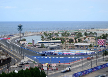 A general view of the track ahead of the Jeddah E-Prix at Jeddah Corniche Circuit on February 12, 2025 in Jeddah, Saudi Arabia