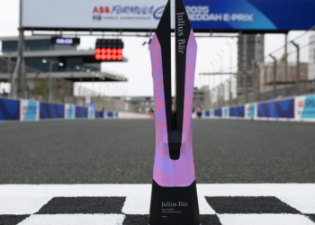 A detailed view of the Pole Position Trophy posed on the track ahead of the Jeddah E-Prix at Jeddah Corniche Circuit on February 12, 2025 in Jeddah, Saudi Arabia