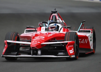 Oliver Rowland of Great Britain driving the (23) Nissan Formula E Team Nissan e-4ORCE 05 during practice ahead of the Jeddah E-Prix, Round 4 of the 2025 FIA Formula E World Championship at Jeddah Corniche Circuit on February 15, 2025 in Jeddah, Saudi Arabia