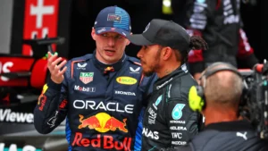 (L to R): Winner Max Verstappen (NLD) Red Bull Racing with second placed Lewis Hamilton (GBR) Mercedes AMG F1 in Sprint parc ferme. 20.04.2024. Formula 1 World Championship, Rd 5, Chinese Grand Prix, Shanghai, China, Sprint and Qualifying Day