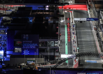 A general view of the track during shakedown and practice ahead of the Jeddah E-Prix at Jeddah Corniche Circuit on February 13, 2025 in Jeddah, Saudi Arabia