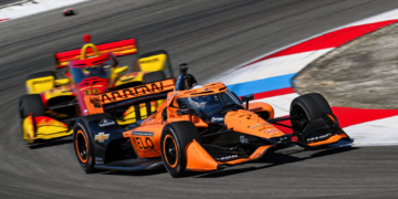 Lundgaard held off Palou late in the race, but the latter's fresh tires allowed him to speed away up the road. Photo: IndyCar - James Black