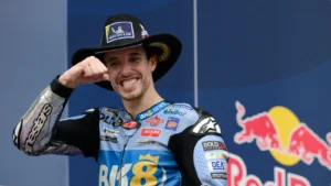 Alex Marquez celebrates second place following MotoGP race at COTA