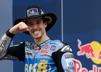 Alex Marquez celebrates second place following MotoGP race at COTA