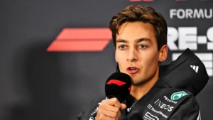 George Russell (GBR) Mercedes AMG F1 in the FIA Press Conference. 26.02.2025. Formula 1 Testing, Sakhir, Bahrain, Day One
