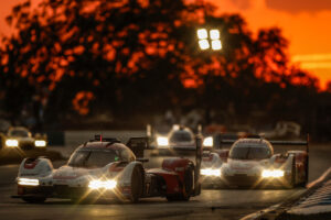 The two Porsches at sunset at Sebring.