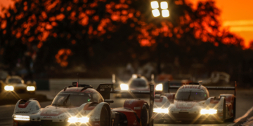 The two Porsches at sunset at Sebring.