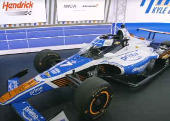 Larson's IndyCar entry features more white and has Amazon branding for this year's event. Image: Hendrick