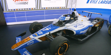 Larson's IndyCar entry features more white and has Amazon branding for this year's event. Image: Hendrick