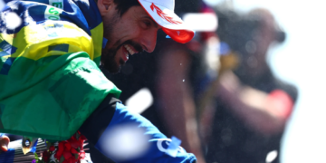 Second placed Lucas di Grassi of Brazil and Lola Yamaha ABT Formula E Team celebrates on the podium during the Miami E-Prix, Round 5 of the 2025 FIA Formula E World Championship at Homestead-Miami Speedway on April 12, 2025 in Homestead, Florida