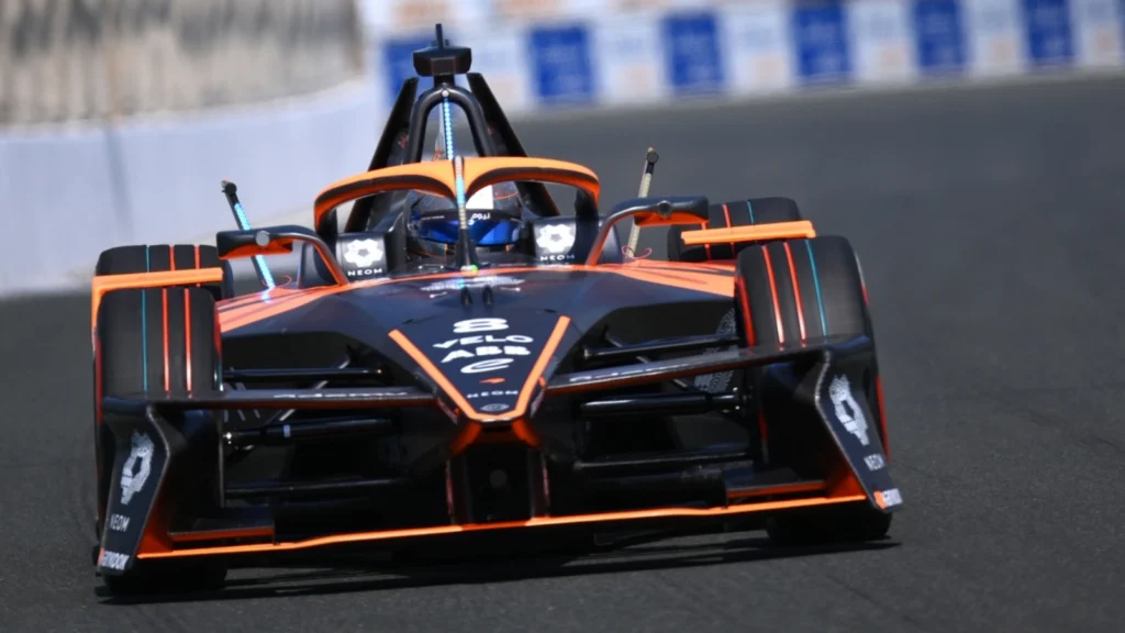 Sam Bird of Great Britain driving the (8) NEOM McLaren Formula E Team Nissan e-4ORCE 05 during practice ahead of the Jeddah E-Prix, Round 3 of the 2025 FIA Formula E World Championship at Jeddah Corniche Circuit on February 14, 2025 in Jeddah, Saudi Arabia