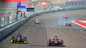 Sam Bird of Great Britain driving the (8) NEOM McLaren Formula E Team Nissan e-4ORCE 05 Dan Ticktum of Great Britain driving the (33) CUPRA KIRO Porsche 99X Electric WCG3 during Shakedown & Practice ahead of the Miami E-Prix, Round 5 of the 2025 FIA Formula E World Championship at Homestead-Miami Speedway on April 11, 2025 in Homestead, Florida