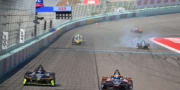 Sam Bird of Great Britain driving the (8) NEOM McLaren Formula E Team Nissan e-4ORCE 05 Dan Ticktum of Great Britain driving the (33) CUPRA KIRO Porsche 99X Electric WCG3 during Shakedown & Practice ahead of the Miami E-Prix, Round 5 of the 2025 FIA Formula E World Championship at Homestead-Miami Speedway on April 11, 2025 in Homestead, Florida