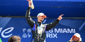 Race winner Pascal Wehrlein of Germany and TAG Heuer Porsche Formula E Team on the podium during the Miami E-Prix, Round 5 of the 2025 FIA Formula E World Championship at Homestead-Miami Speedway on April 12, 2025 in Homestead, Florida