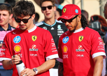L to R): Charles Leclerc (MON) Ferrari with Lewis Hamilton (GBR) Ferrari on the drivers' parade. 13.04.2025. Formula 1 World Championship, Rd 4, Bahrain Grand Prix, Sakhir, Bahrain, Race Day