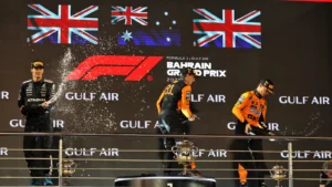 The podium (L to R): George Russell (GBR) Mercedes AMG F1, second; Oscar Piastri (AUS) McLaren, race winner; Lando Norris (GBR) McLaren, third. 13.04.2025. Formula 1 World Championship, Rd 4, Bahrain Grand Prix, Sakhir, Bahrain, Race Day