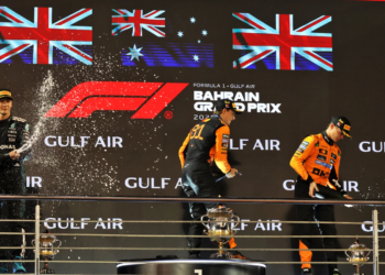The podium (L to R): George Russell (GBR) Mercedes AMG F1, second; Oscar Piastri (AUS) McLaren, race winner; Lando Norris (GBR) McLaren, third. 13.04.2025. Formula 1 World Championship, Rd 4, Bahrain Grand Prix, Sakhir, Bahrain, Race Day