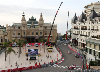 Oliver Rowland of Great Britain driving the (23) Nissan Formula E Team Nissan e-4ORCE 05 leads Jean-Eric Vergne of France driving the (25) DS Penske DS E-Tense FE25 and Norman Nato of France driving the (17) Nissan Formula E Team Nissan e-4ORCE 05 on track during practice, ahead of the Monaco E-Prix, Round 6 of the 2025 FIA Formula E World Championship at Circuit de Monaco on May 03, 2025 in Monte-Carlo, Monaco