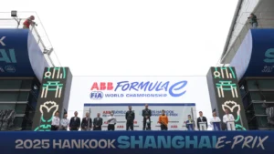 Race winner, Maximilian Gunther of Germany and DS Penske, Second placed, Jean-Eric Vergne of France and DS Penske and Third placed, Taylor Barnard of Great Britain and NEOM McLaren Formula E Team, stand on the podium during the Shanghai E-Prix, Round 10 of the 2025 FIA Formula E World Championship at Shanghai International Circuit on May 31, 2025 in Shanghai, China