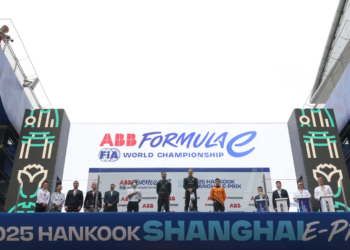 Race winner, Maximilian Gunther of Germany and DS Penske, Second placed, Jean-Eric Vergne of France and DS Penske and Third placed, Taylor Barnard of Great Britain and NEOM McLaren Formula E Team, stand on the podium during the Shanghai E-Prix, Round 10 of the 2025 FIA Formula E World Championship at Shanghai International Circuit on May 31, 2025 in Shanghai, China
