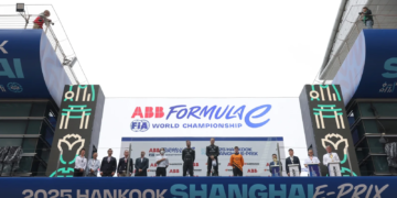 Race winner, Maximilian Gunther of Germany and DS Penske, Second placed, Jean-Eric Vergne of France and DS Penske and Third placed, Taylor Barnard of Great Britain and NEOM McLaren Formula E Team, stand on the podium during the Shanghai E-Prix, Round 10 of the 2025 FIA Formula E World Championship at Shanghai International Circuit on May 31, 2025 in Shanghai, China