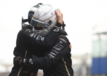 Race winner, Maximilian Gunther of Germany and DS Penske and Second placed, Jean-Eric Vergne of France and DS Penske, embrace in parc ferme during the Shanghai E-Prix, Round 10 of the 2025 FIA Formula E World Championship at Shanghai International Circuit on May 31, 2025 in Shanghai, China