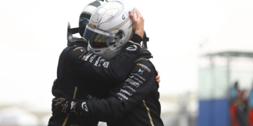 Race winner, Maximilian Gunther of Germany and DS Penske and Second placed, Jean-Eric Vergne of France and DS Penske, embrace in parc ferme during the Shanghai E-Prix, Round 10 of the 2025 FIA Formula E World Championship at Shanghai International Circuit on May 31, 2025 in Shanghai, China