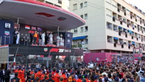 The podium (L to R): Zak Brown (USA) McLaren Executive Director; Charles Leclerc (MON) Ferrari, second; Lando Norris (GBR) McLaren, race winner; Oscar Piastri (AUS) McLaren, third. 25.05.2025. Formula 1 World Championship, Rd 8, Monaco Grand Prix, Monte Carlo, Monaco, Race Day