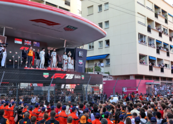 The podium (L to R): Zak Brown (USA) McLaren Executive Director; Charles Leclerc (MON) Ferrari, second; Lando Norris (GBR) McLaren, race winner; Oscar Piastri (AUS) McLaren, third. 25.05.2025. Formula 1 World Championship, Rd 8, Monaco Grand Prix, Monte Carlo, Monaco, Race Day