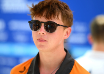 Taylor Barnard of Great Britain and NEOM McLaren Formula E Team talks to the media during Shakedown & Practice ahead of the Miami E-Prix, Round 5 of the 2025 FIA Formula E World Championship at Homestead-Miami Speedway on April 11, 2025 in Homestead, Florida.