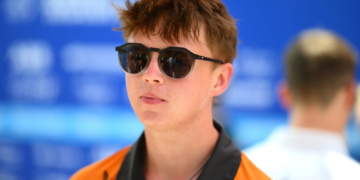 Taylor Barnard of Great Britain and NEOM McLaren Formula E Team talks to the media during Shakedown & Practice ahead of the Miami E-Prix, Round 5 of the 2025 FIA Formula E World Championship at Homestead-Miami Speedway on April 11, 2025 in Homestead, Florida.