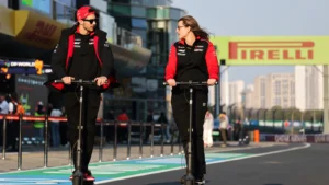 (L to R): Esteban Ocon (FRA), Haas F1 Team with Laura Mueller (GER) Haas F1 Team Race Engineer. 20.03.2025. Formula 1 World Championship, Rd 2, Chinese Grand Prix, Shanghai, China, Preparation Day