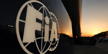 Paddock atmosphere - FIA logo at sunset. 21.03.2025. Formula 1 World Championship, Rd 2, Chinese Grand Prix, Shanghai, China, Sprint Qualifying Day