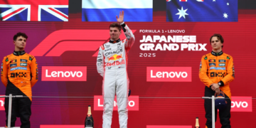 1st place Max Verstappen (NLD) Red Bull Racing RB21 with 2nd place Lando Norris (GBR) McLaren MCL39 and 3rd place Oscar Piastri (AUS) McLaren. 06.04.2025. Formula 1 World Championship, Rd 3, Japanese Grand Prix, Suzuka, Japan, Race Day