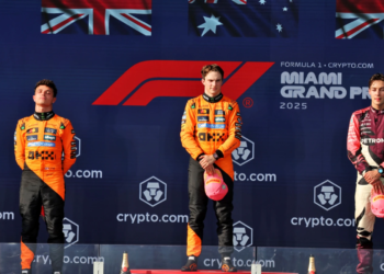 The podium (L to R): Lando Norris (GBR) McLaren, second; Oscar Piastri (AUS) McLaren, race winner; George Russell (GBR) Mercedes AMG F1, third. 04.05.2025. Formula 1 World Championship, Rd 6, Miami Grand Prix, Miami, Florida, USA, Race Day