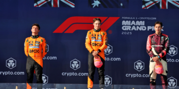 The podium (L to R): Lando Norris (GBR) McLaren, second; Oscar Piastri (AUS) McLaren, race winner; George Russell (GBR) Mercedes AMG F1, third. 04.05.2025. Formula 1 World Championship, Rd 6, Miami Grand Prix, Miami, Florida, USA, Race Day