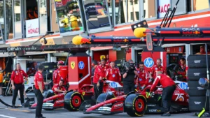 Charles Leclerc (MON) Ferrari SF-25 and Lewis Hamilton (GBR) Ferrari SF-25 in the pits. 24.05.2025. Formula 1 World Championship, Rd 8, Monaco Grand Prix, Monte Carlo, Monaco, Qualifying Day